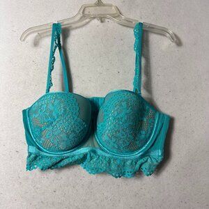 Cacique lightly lined multi-way strapless bra 42C turquoise blue floral lace